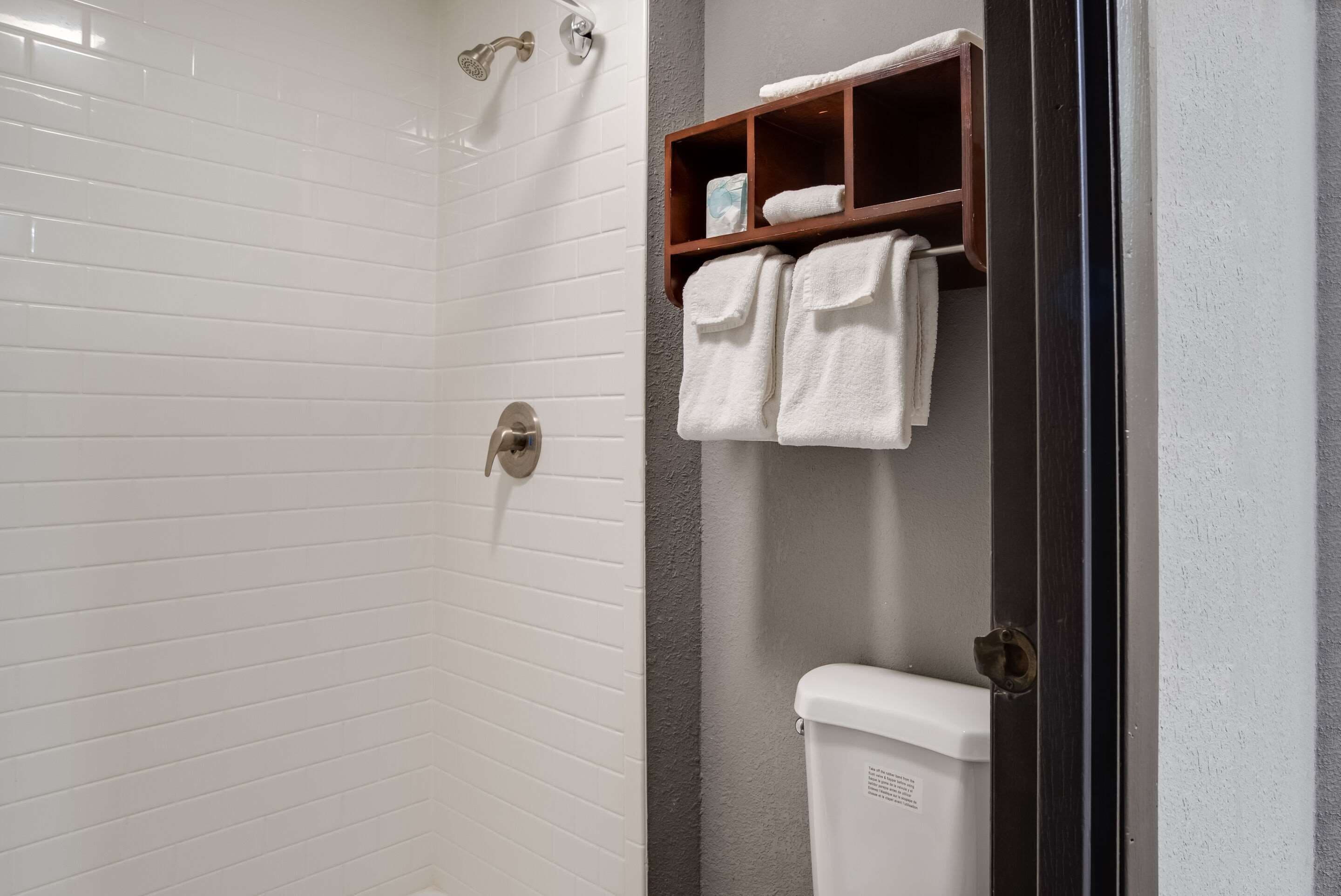 Combined shower/tub, hair dryer, towels
