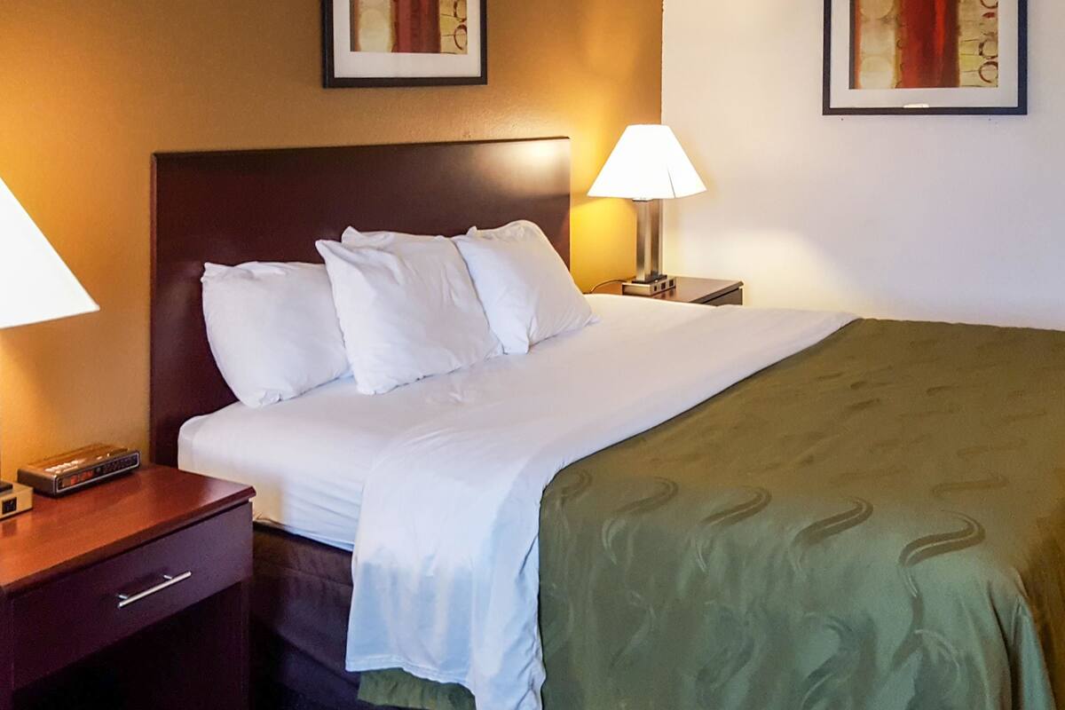 Een hotelkamer met een opgemaakt bed, een nachtkastje met een lamp en een kunstwerk aan de muur.