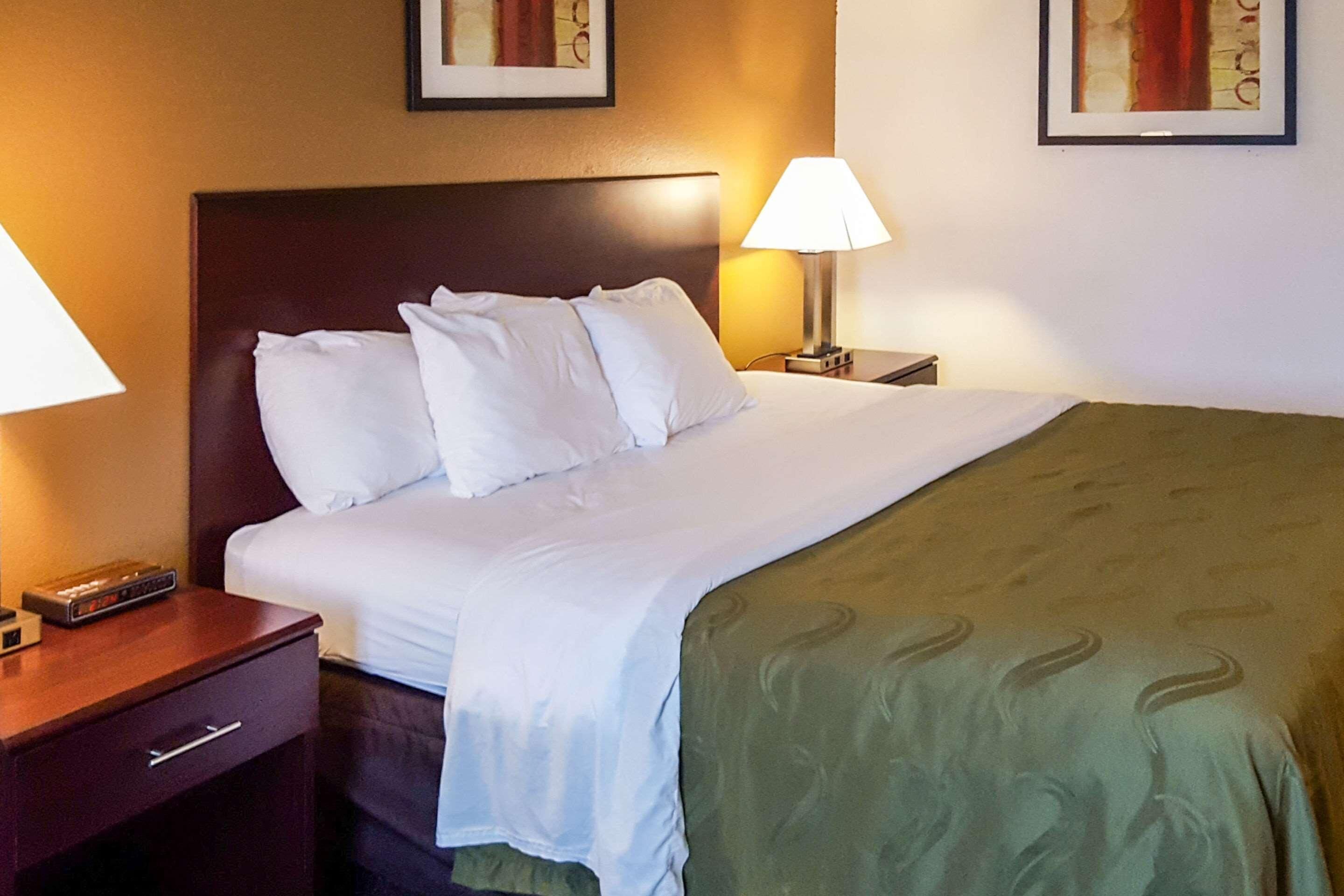 A hotel room with a bed, a nightstand with a lamp, and a wall-mounted artwork.