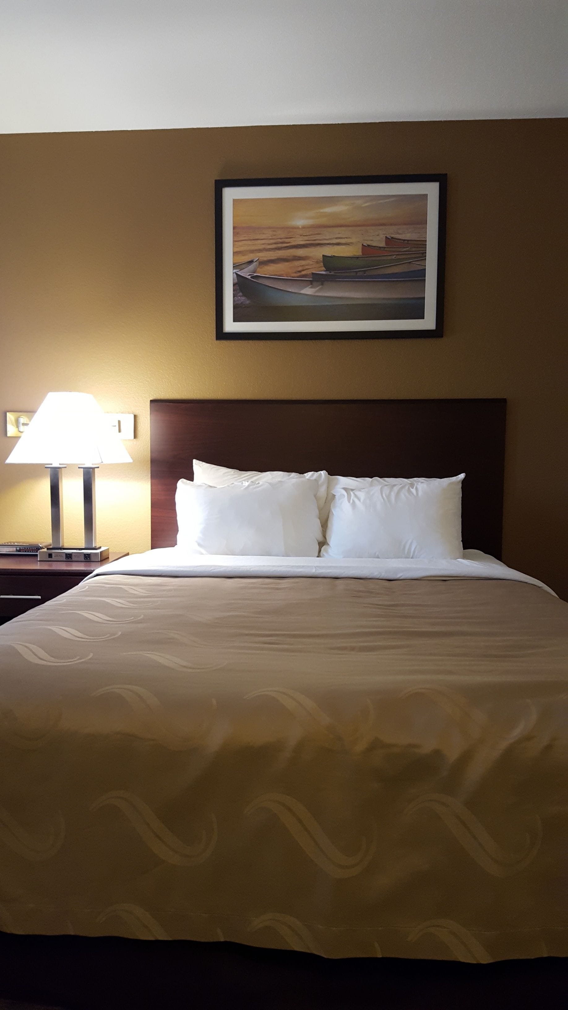 A hotel room with a bed, pillows, a nightstand with a lamp, and a framed picture on the wall.