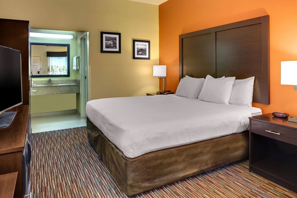 Une chambre d’hôtel avec un grand lit, une table de chevet avec une lampe, une télévision et une salle de bain visible à travers une porte ouverte.