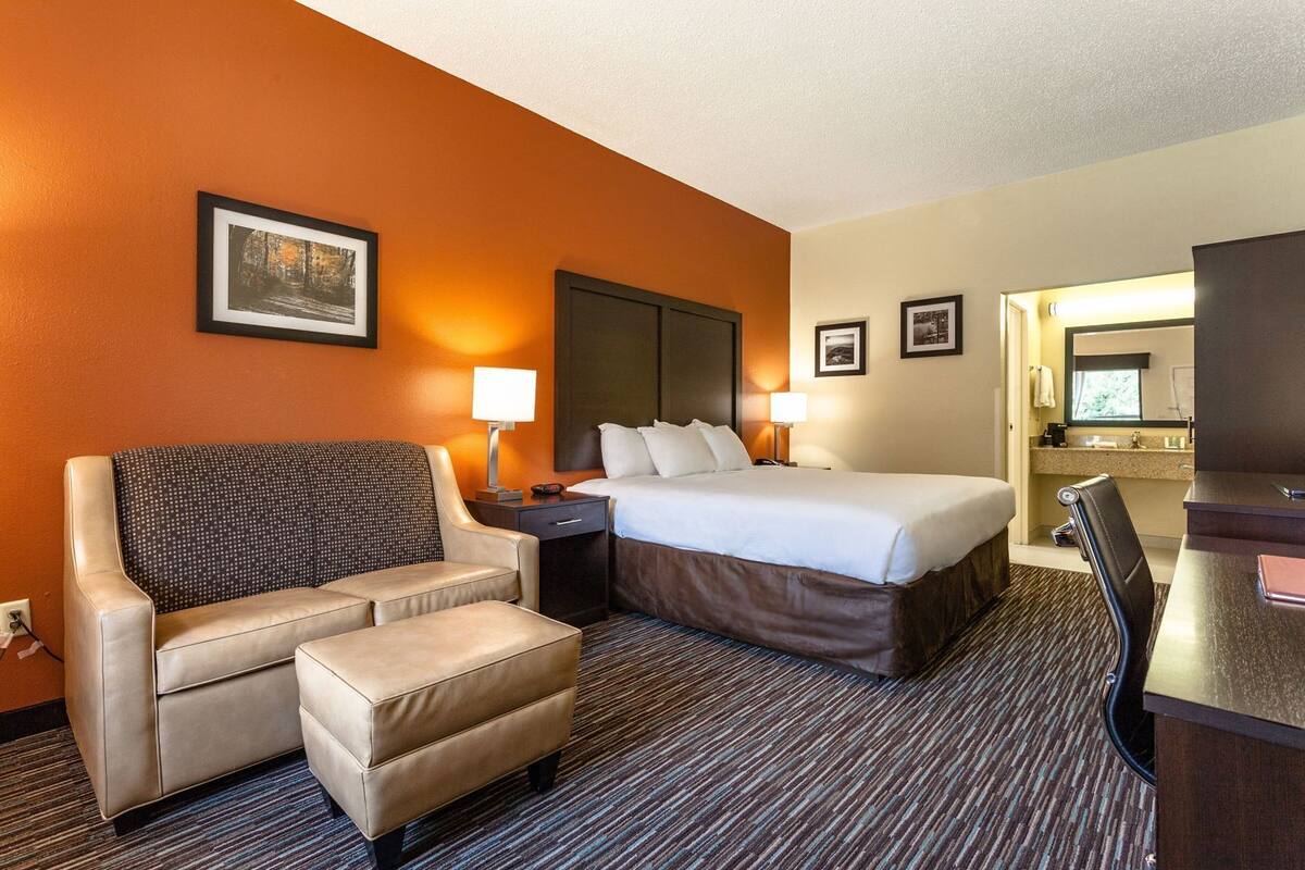 Une chambre d’hôtel avec un lit, un canapé, un bureau et une table de chevet.