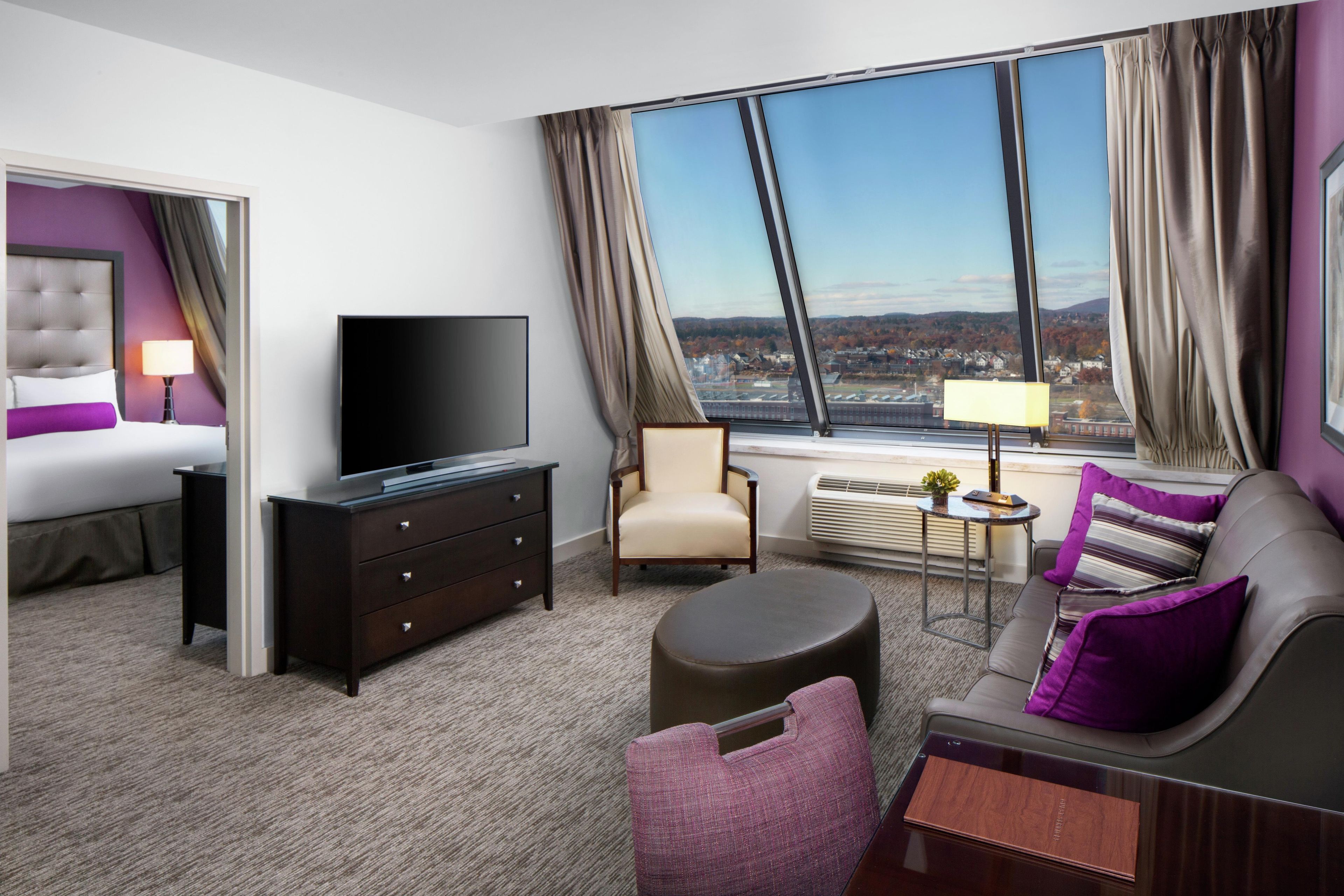 A hotel room with a bed, a TV, a sofa, a chair, and a large window with a city view.