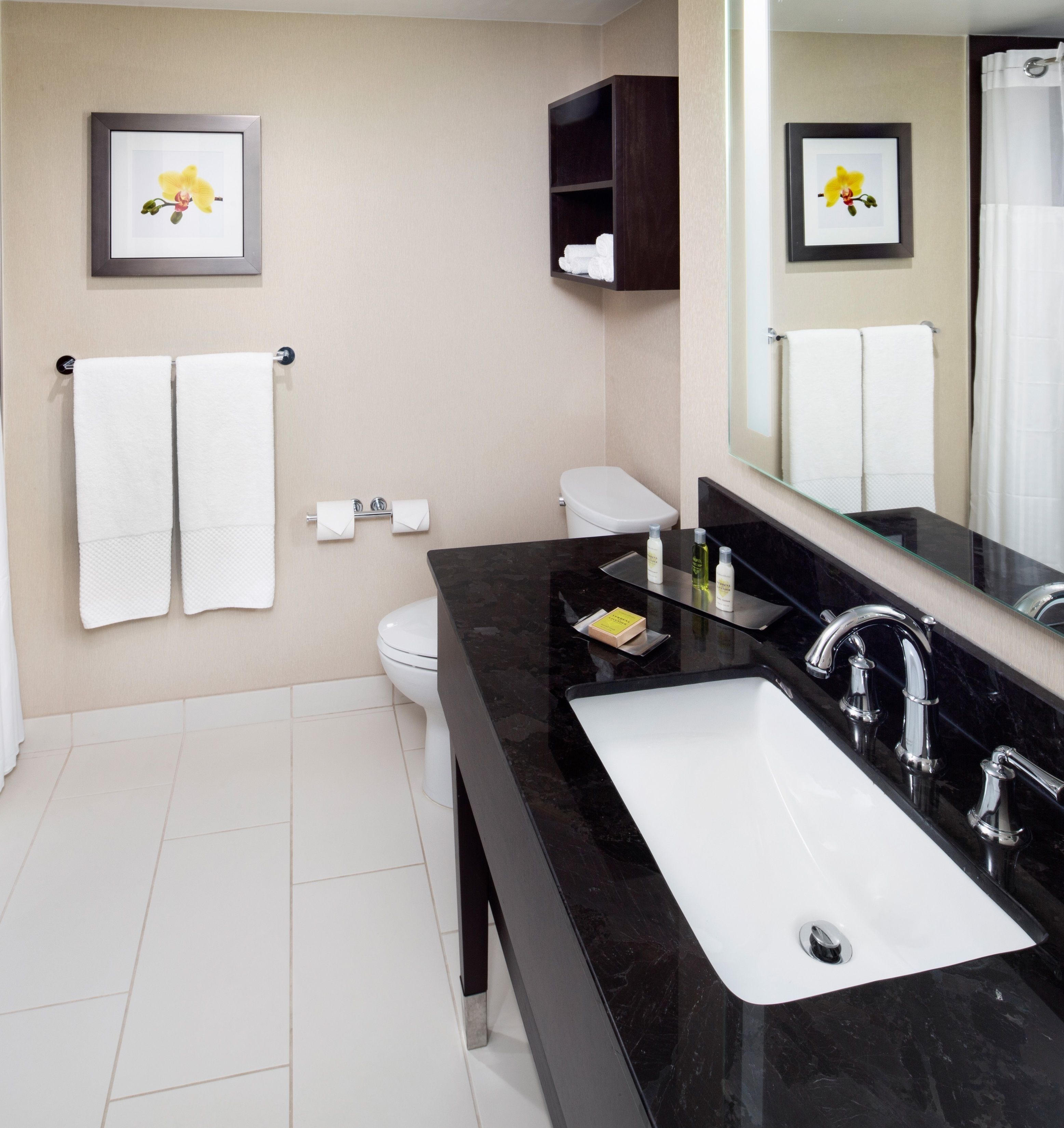 A modern bathroom with a black countertop, white sink, and a large mirror. There are two framed pictures of orchids on the wall, a toilet, and a shelf with toiletries.
