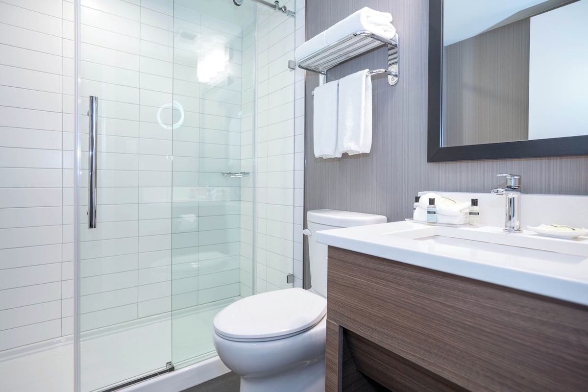 A modern bathroom with a glass shower enclosure, a white toilet, a vanity with a mirror, and a towel rack.