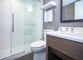 A modern bathroom with a glass shower enclosure, a white toilet, a vanity with a mirror, and a towel rack.