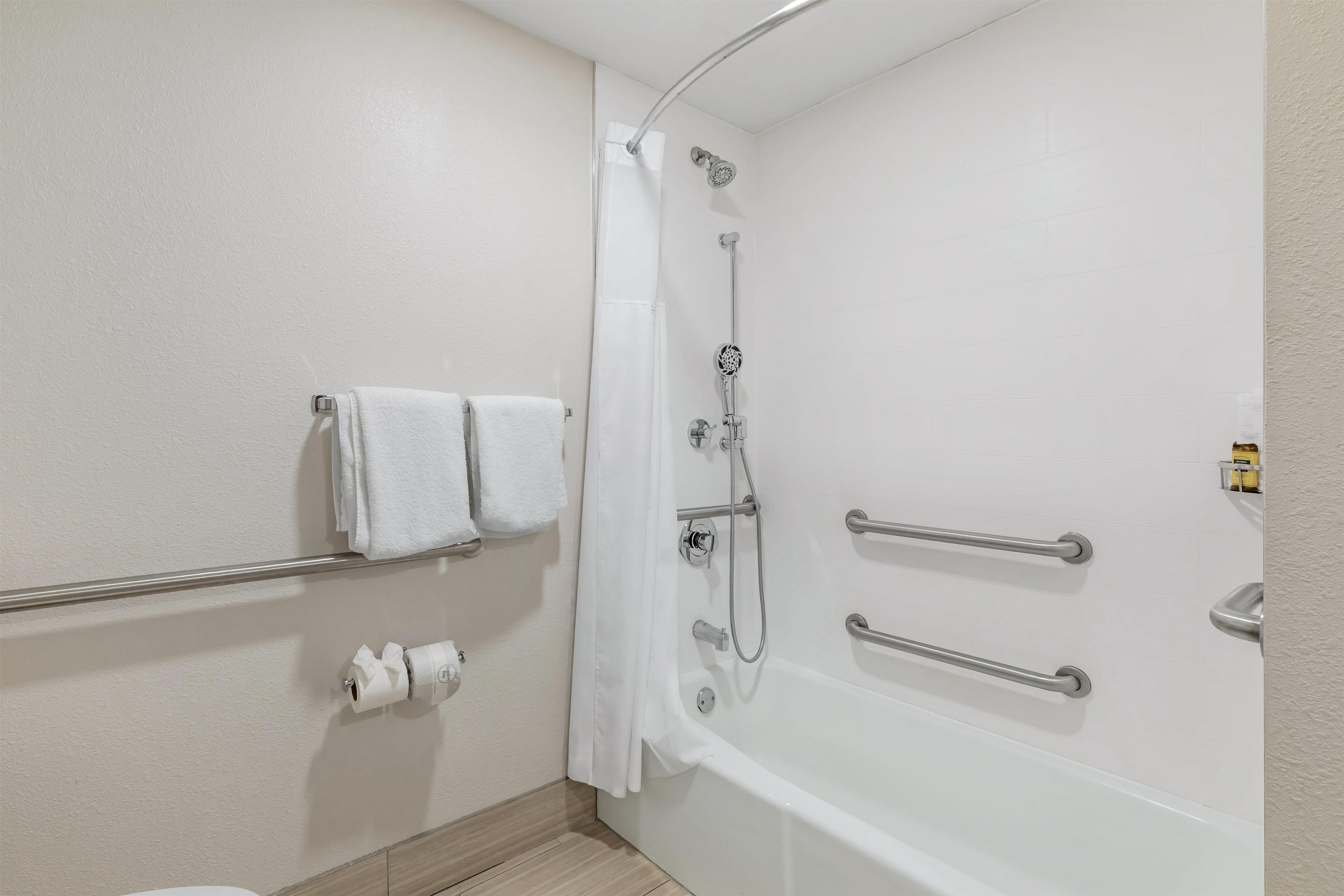 A modern bathroom with a walk-in shower, grab bars, and a toilet paper holder.