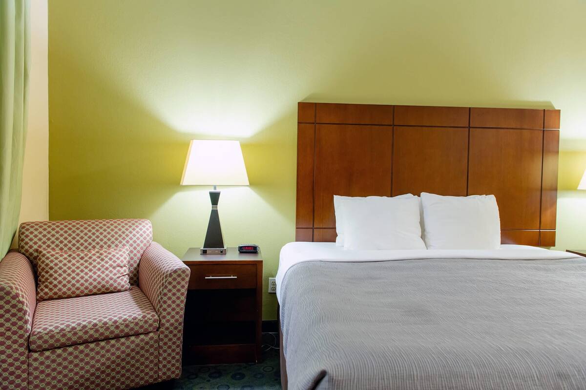 A hotel room with a bed, a nightstand, a lamp, and a patterned armchair.