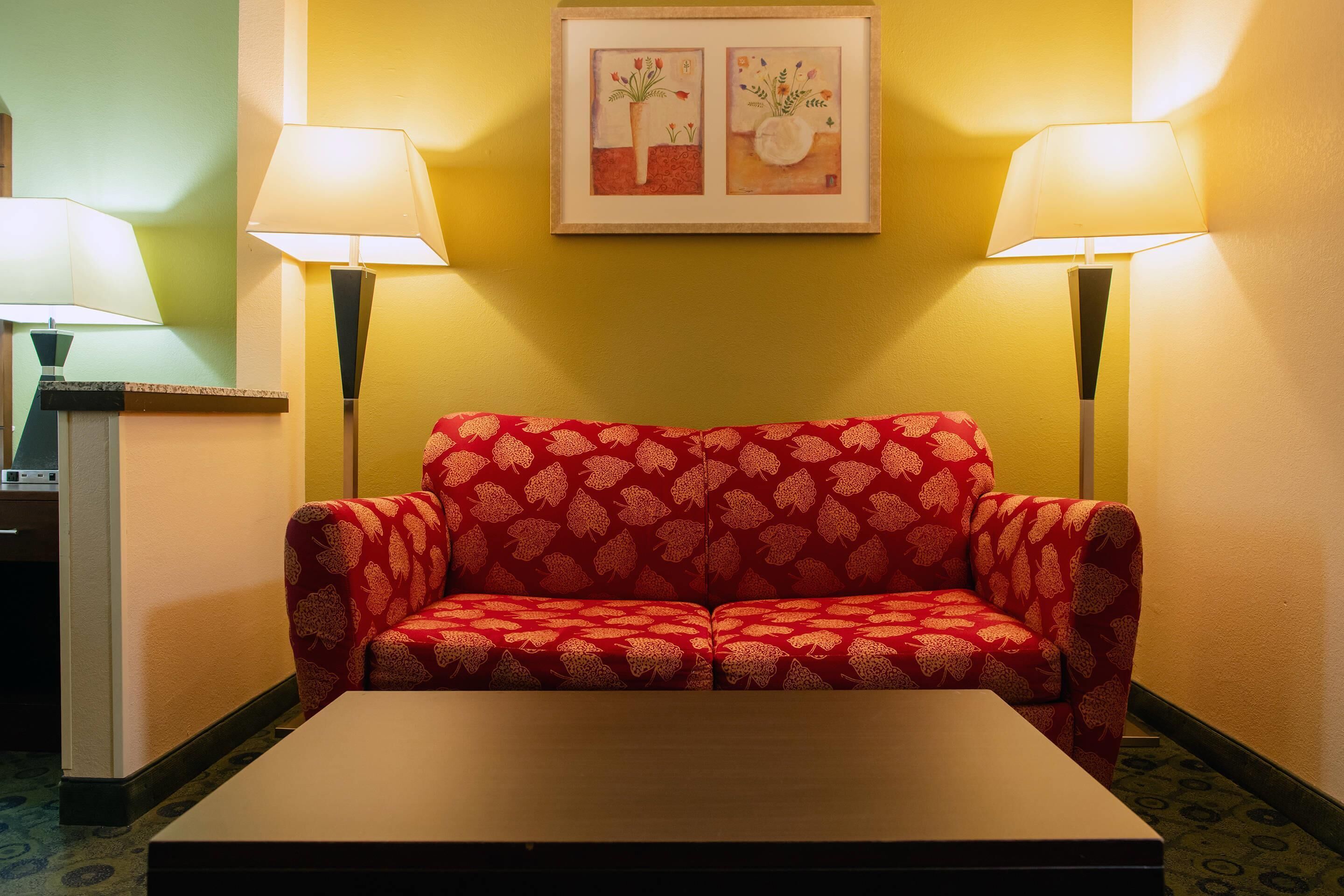 A red sofa with a floral pattern, two floor lamps, and a framed artwork on the wall.