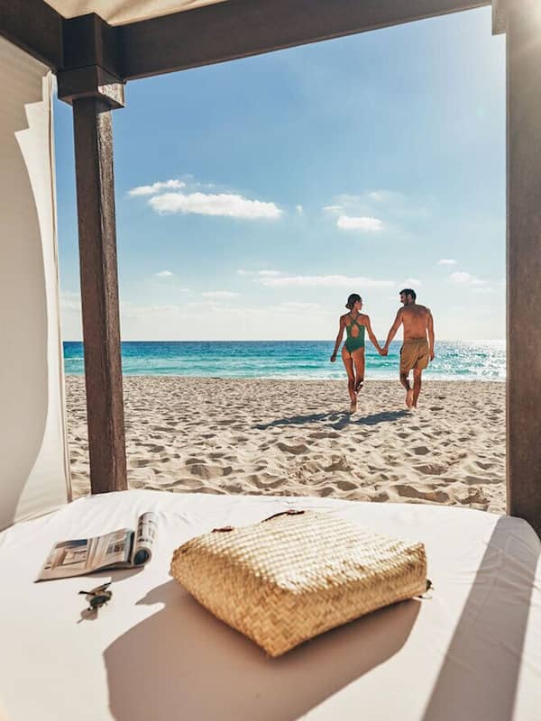 On the beach, sun loungers, beach towels