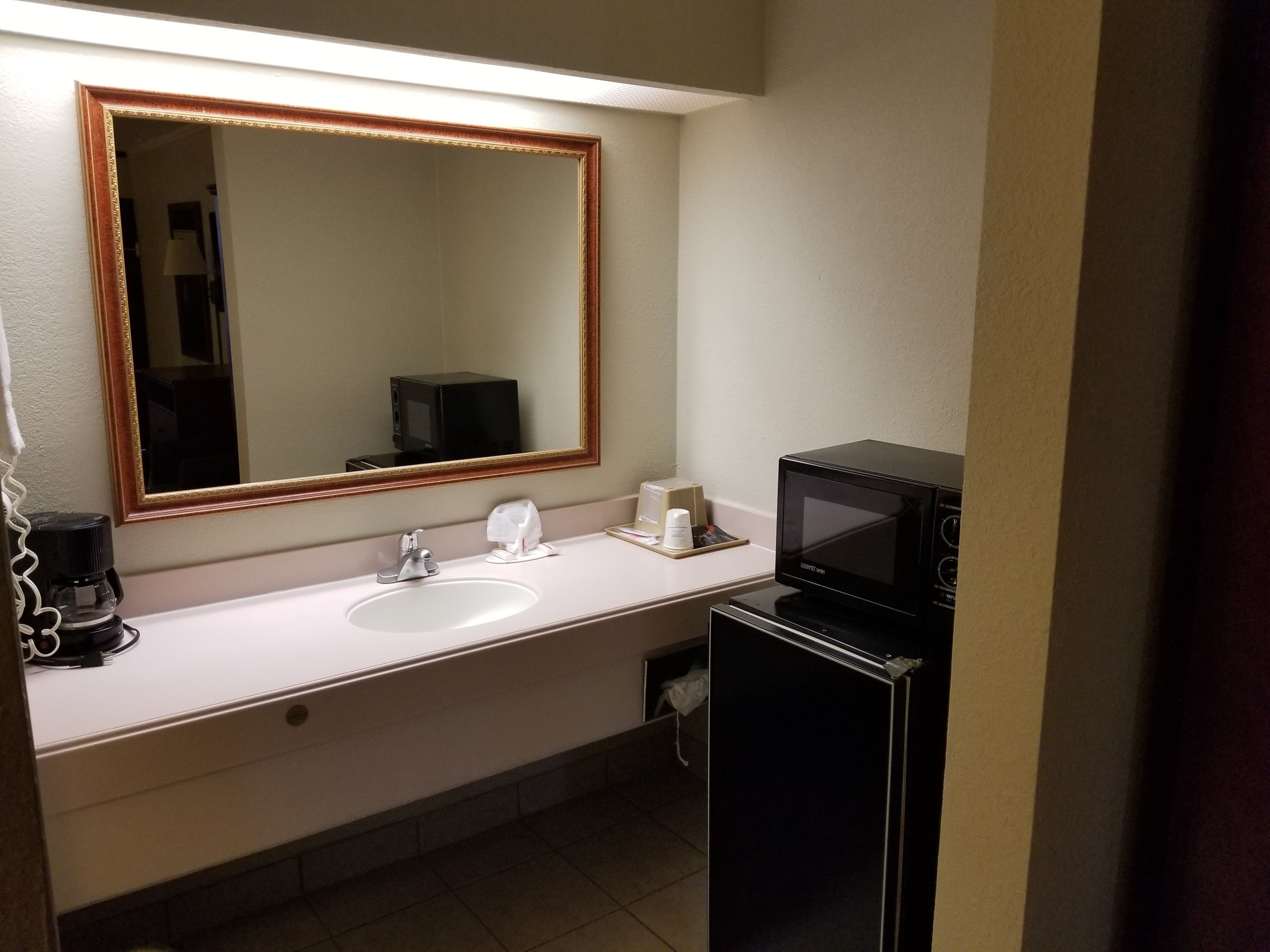 A hotel bathroom with a sink, mirror, coffee maker, and microwave.