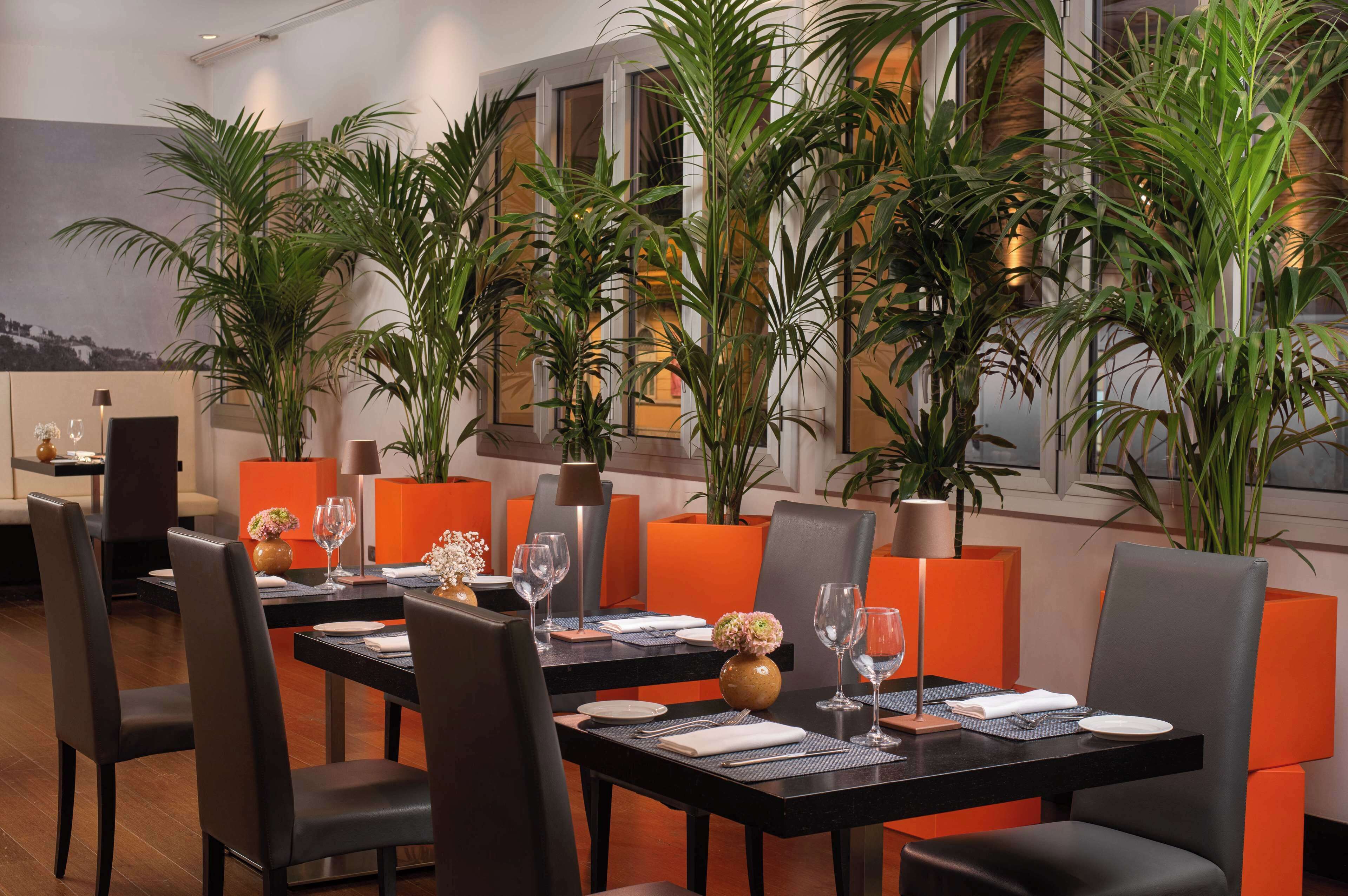 Un restaurante con mesas dispuestas para comer, rodeado de plantas en macetas y detalles en color naranja.