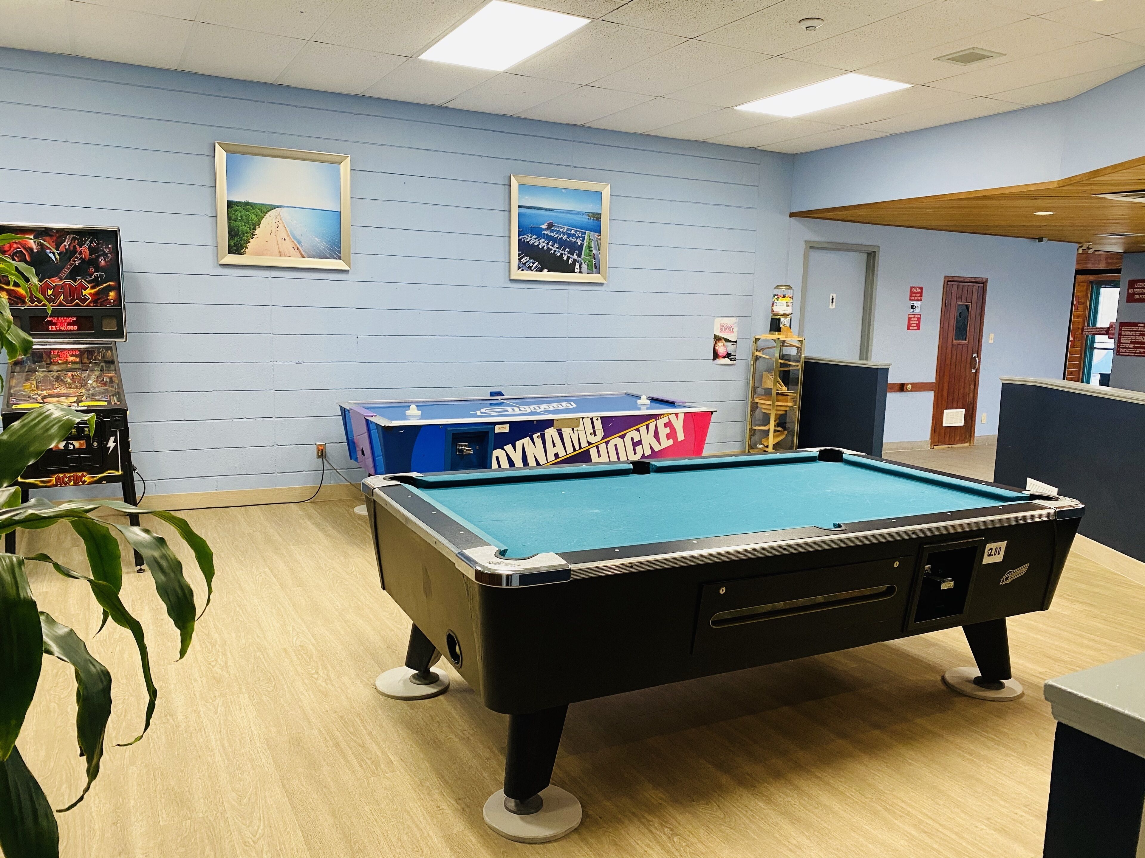 A pool table with a 'OWNAMU HOCKEY' sign, framed pictures on the wall, and a pool table in a room with wooden flooring.