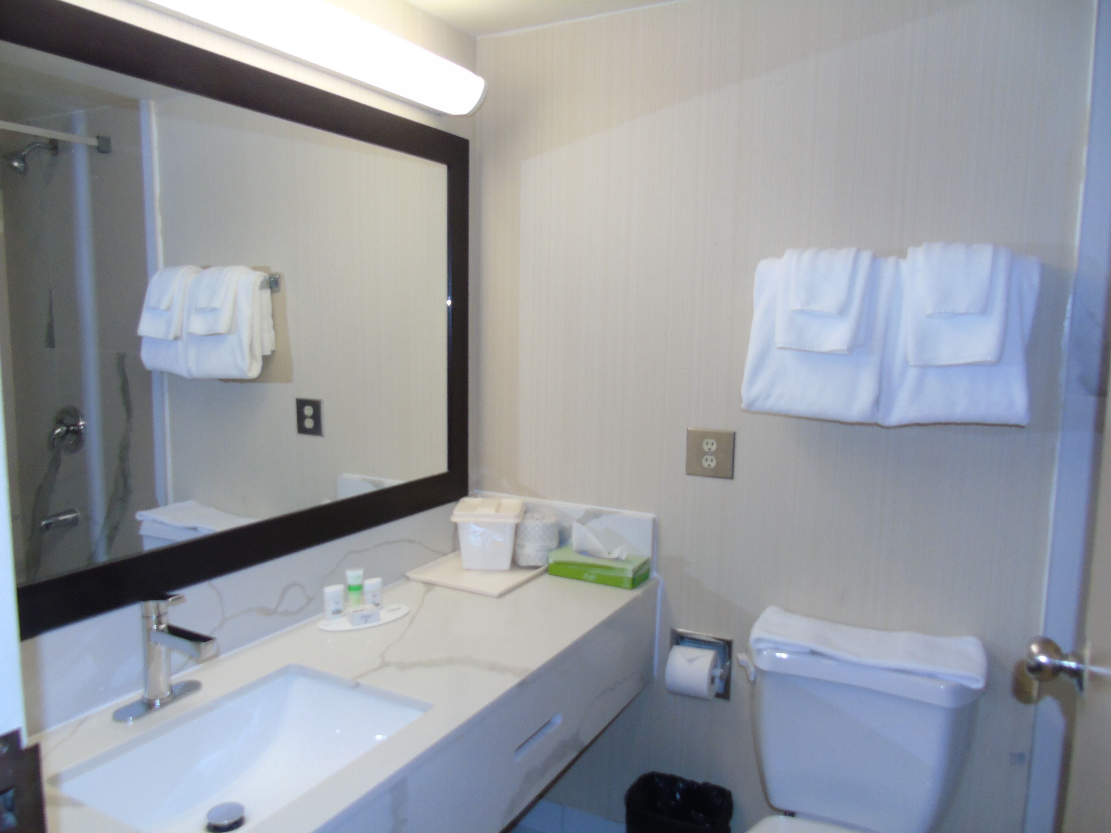 Ein Badezimmer mit Waschbecken, Spiegel, Handtuchhalter und Toilette.