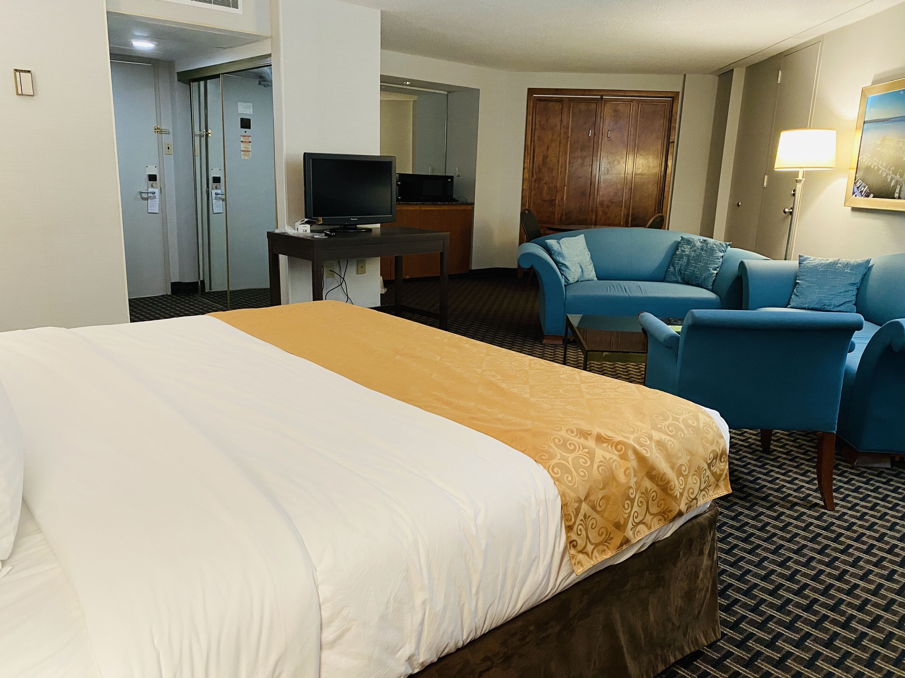Una habitación de hotel con una cama grande, un escritorio con televisor, un sofá azul y un armario.