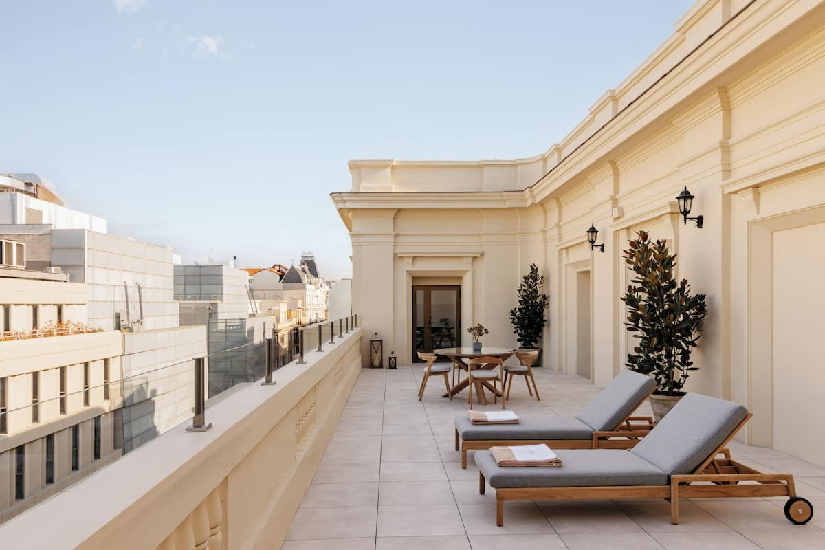 Une terrasse sur le toit, aménagée avec des chaises longues, une table et des plantes en pot.