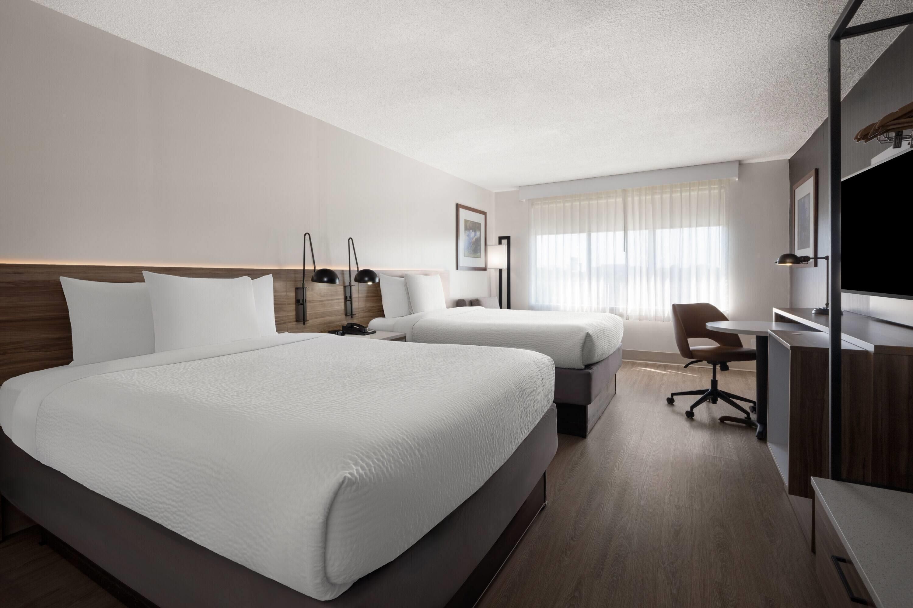 Standard Room, 2 Double Beds, Non Smoking | Desk, laptop workspace, blackout drapes, iron/ironing board