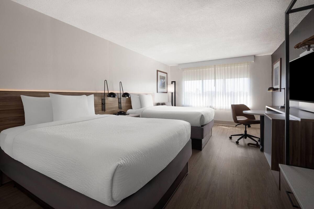 Standard Room, 2 Double Beds, Non Smoking | Desk, laptop workspace, blackout drapes, iron/ironing board