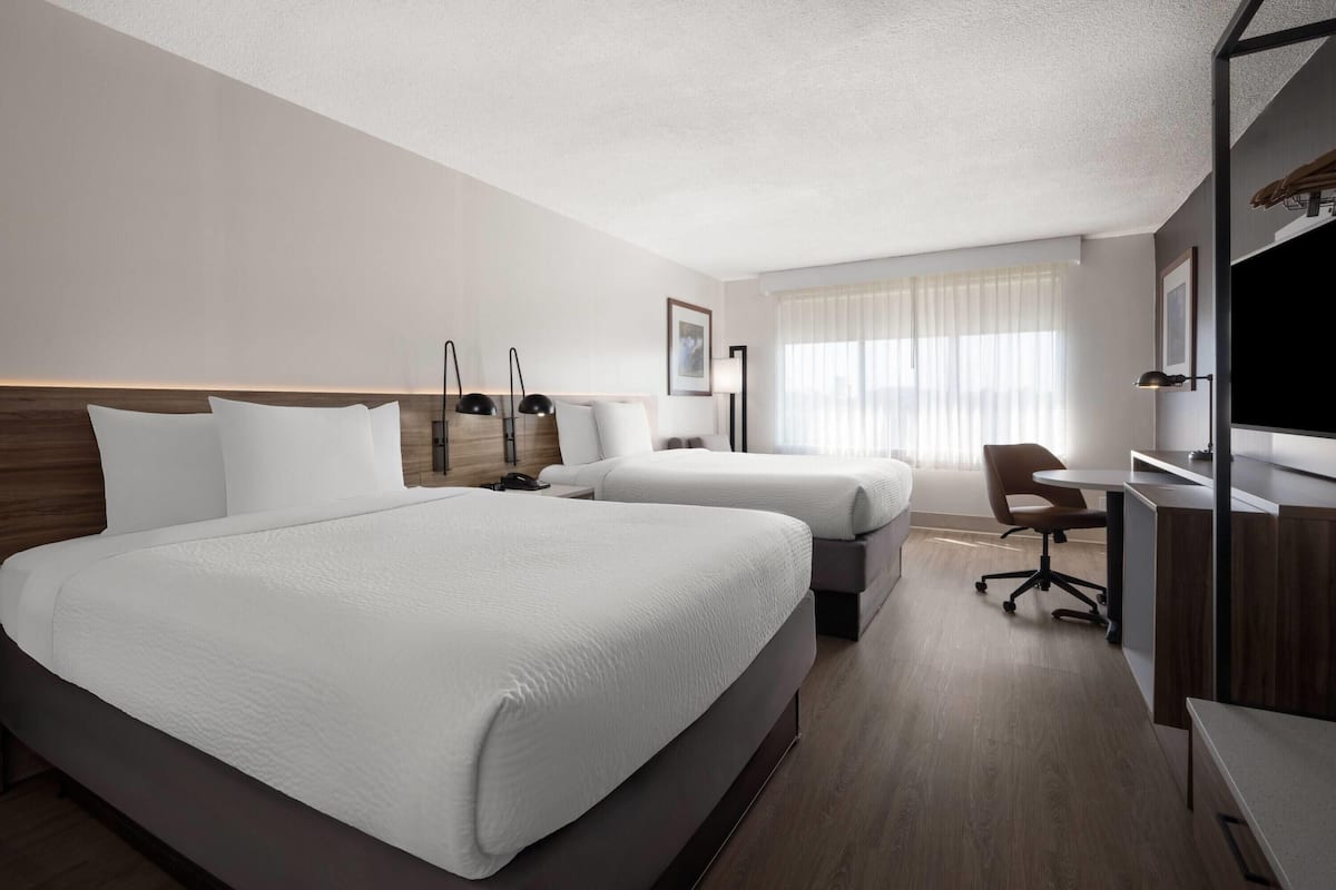 Standard Room, 2 Double Beds, Non Smoking | Desk, laptop workspace, blackout drapes, iron/ironing board