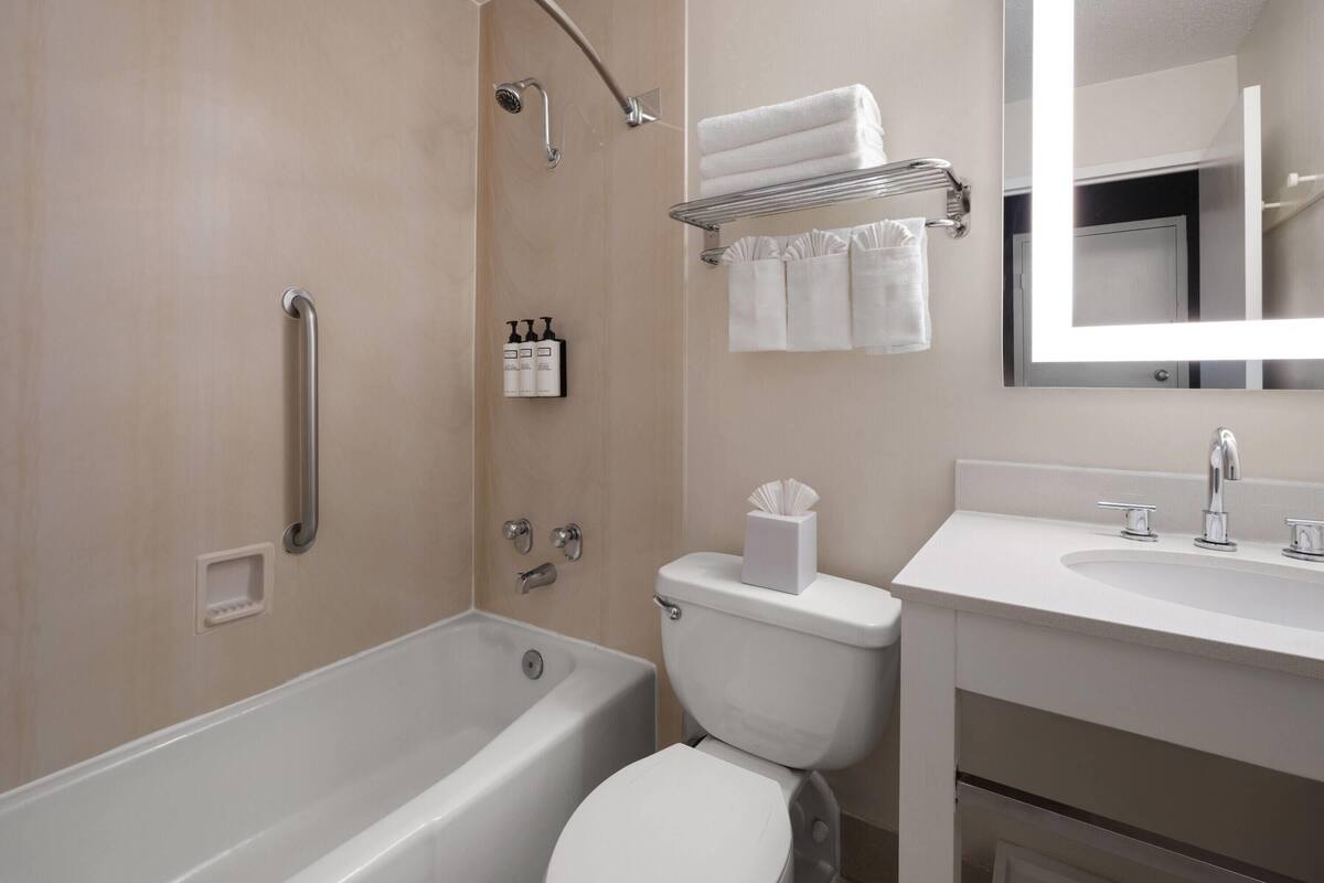 Shower, free toiletries, hair dryer, towels