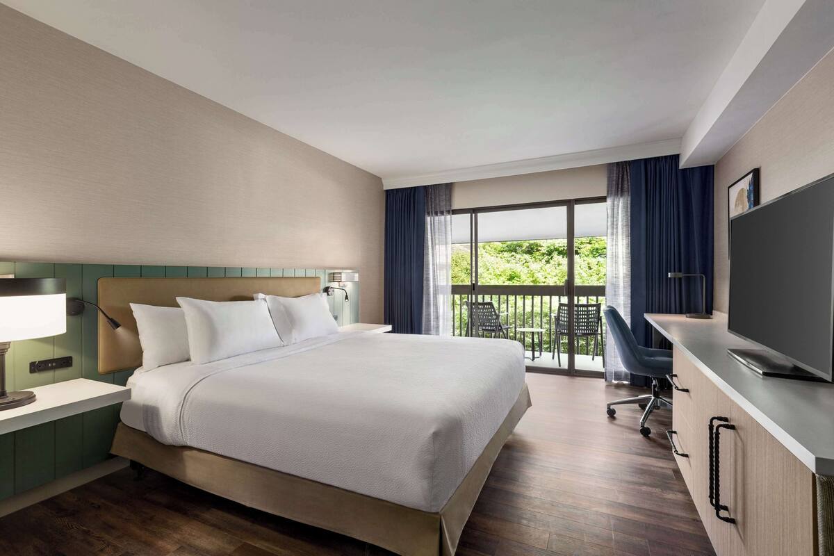 A hotel room with a bed, a TV, a desk with a lamp, and a balcony with a view of greenery.