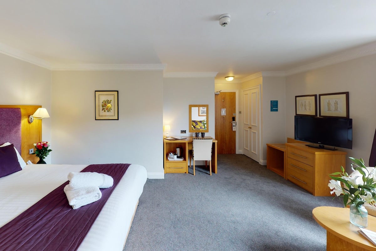 A hotel room with a bed, a desk, a television, and a bathroom door.