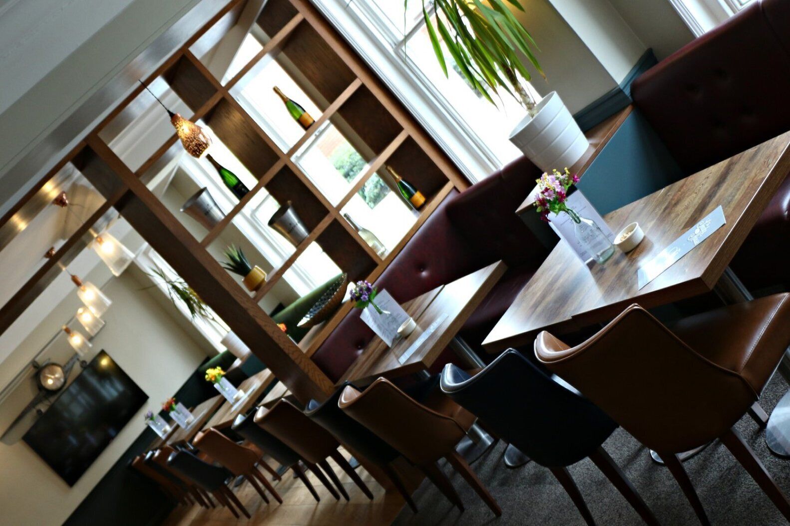 A restaurant with wooden tables and chairs, a large plant, and a bookshelf with various items.