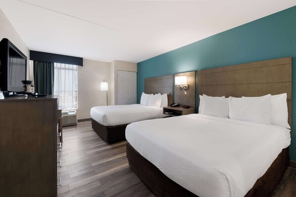 Standard Room, 2 Queen Beds, Non Smoking, Refrigerator & Microwave | In-room safe, desk, laptop workspace, blackout drapes
