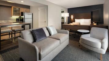 Estudio, 1 cama Queen size y sofá cama | Área de sala de estar | Televisión de pantalla plana y películas con cargo