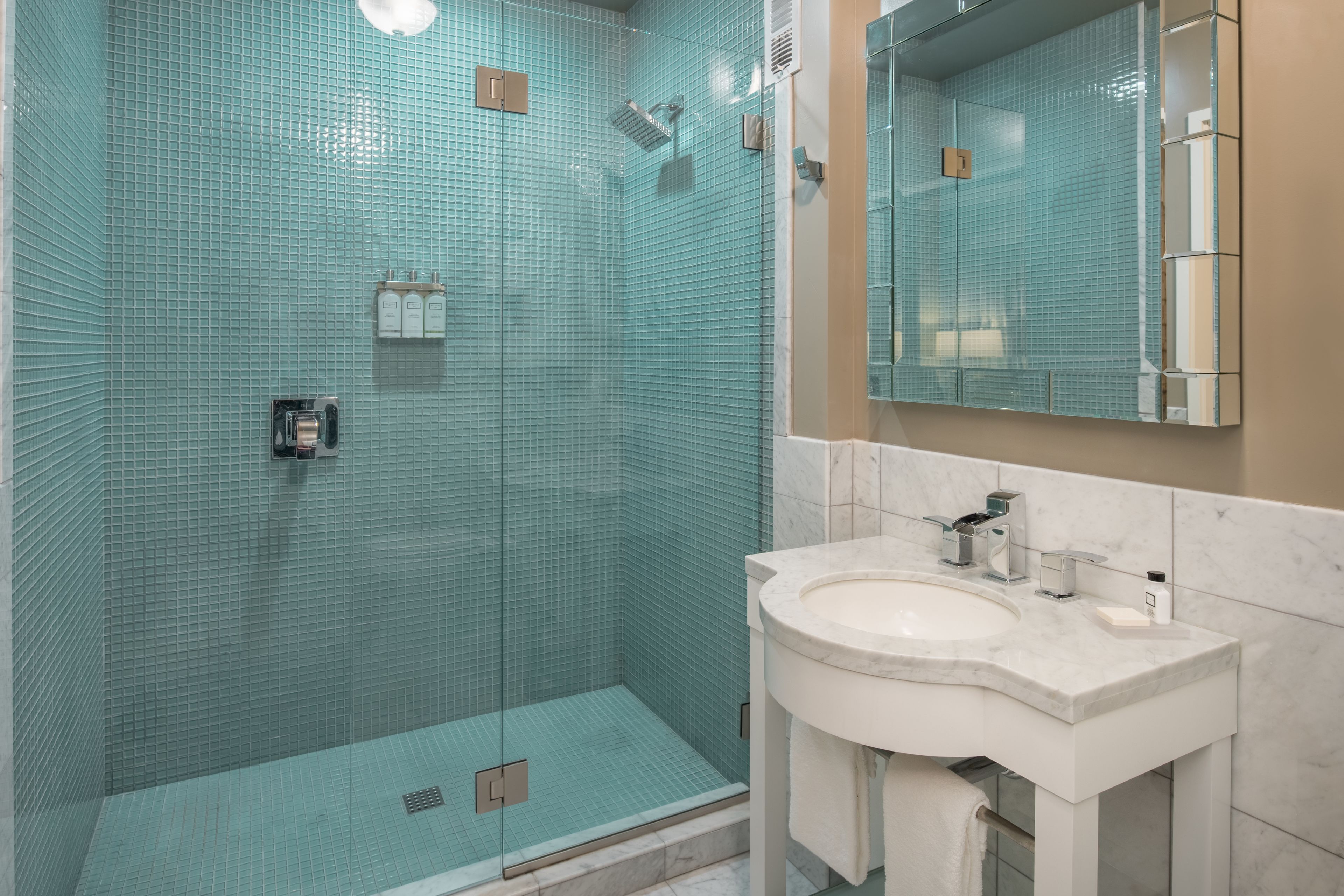 A bathroom with a glass-enclosed shower, a white sink, and a mirror.