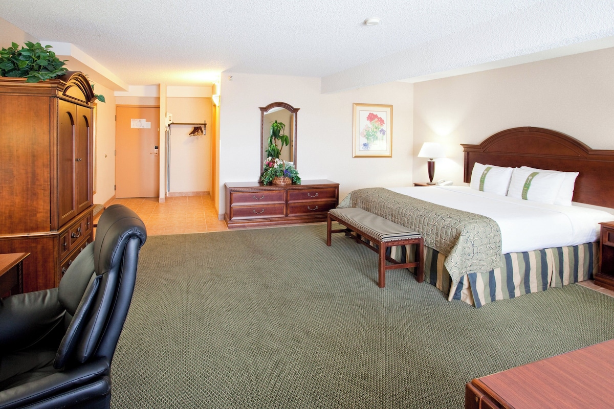 A hotel room with a bed, a desk, a chair, a dresser, and a mirror.