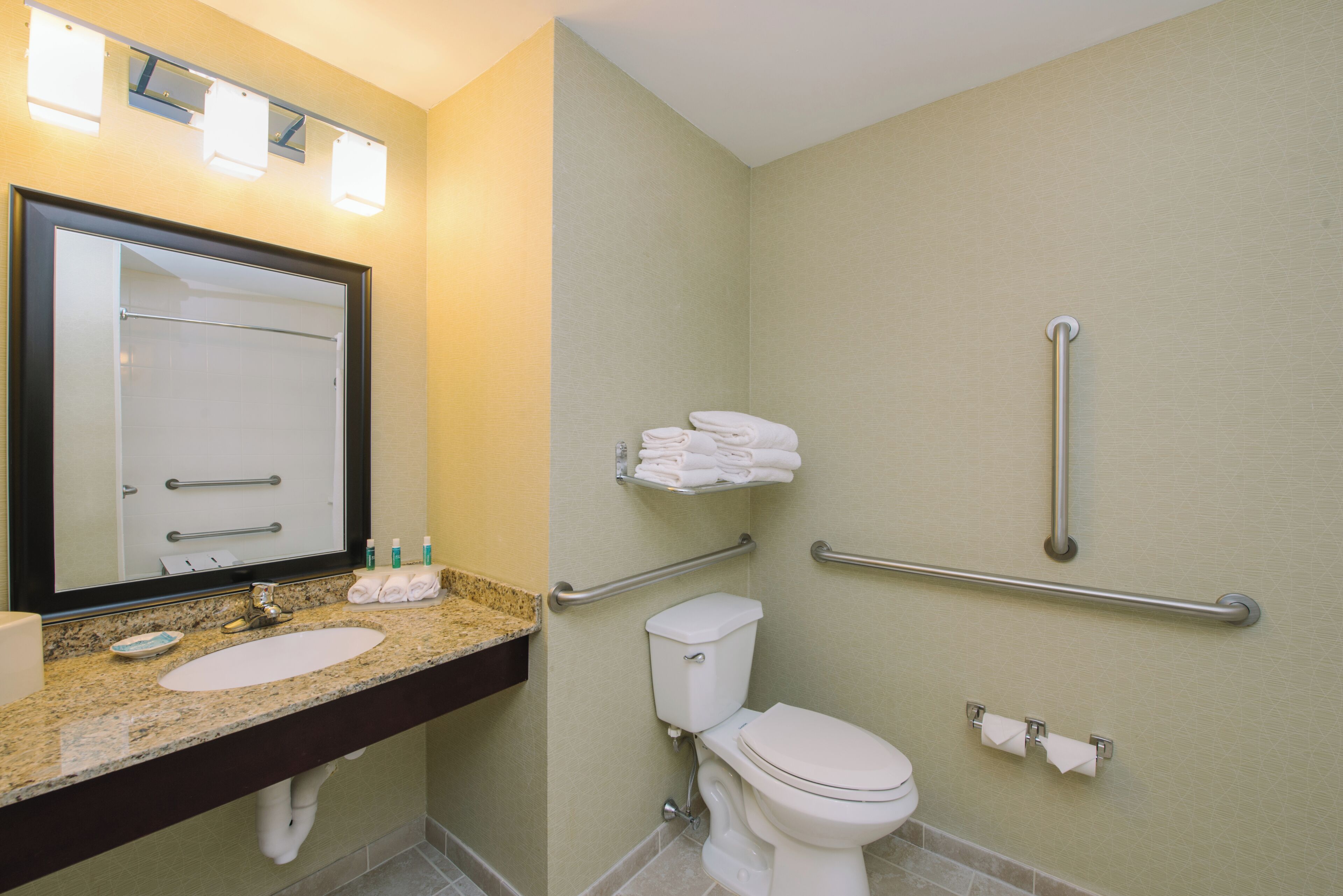 Une salle de bain équipée d’un lavabo, d’un miroir, de toilettes et de barres d’appui.
