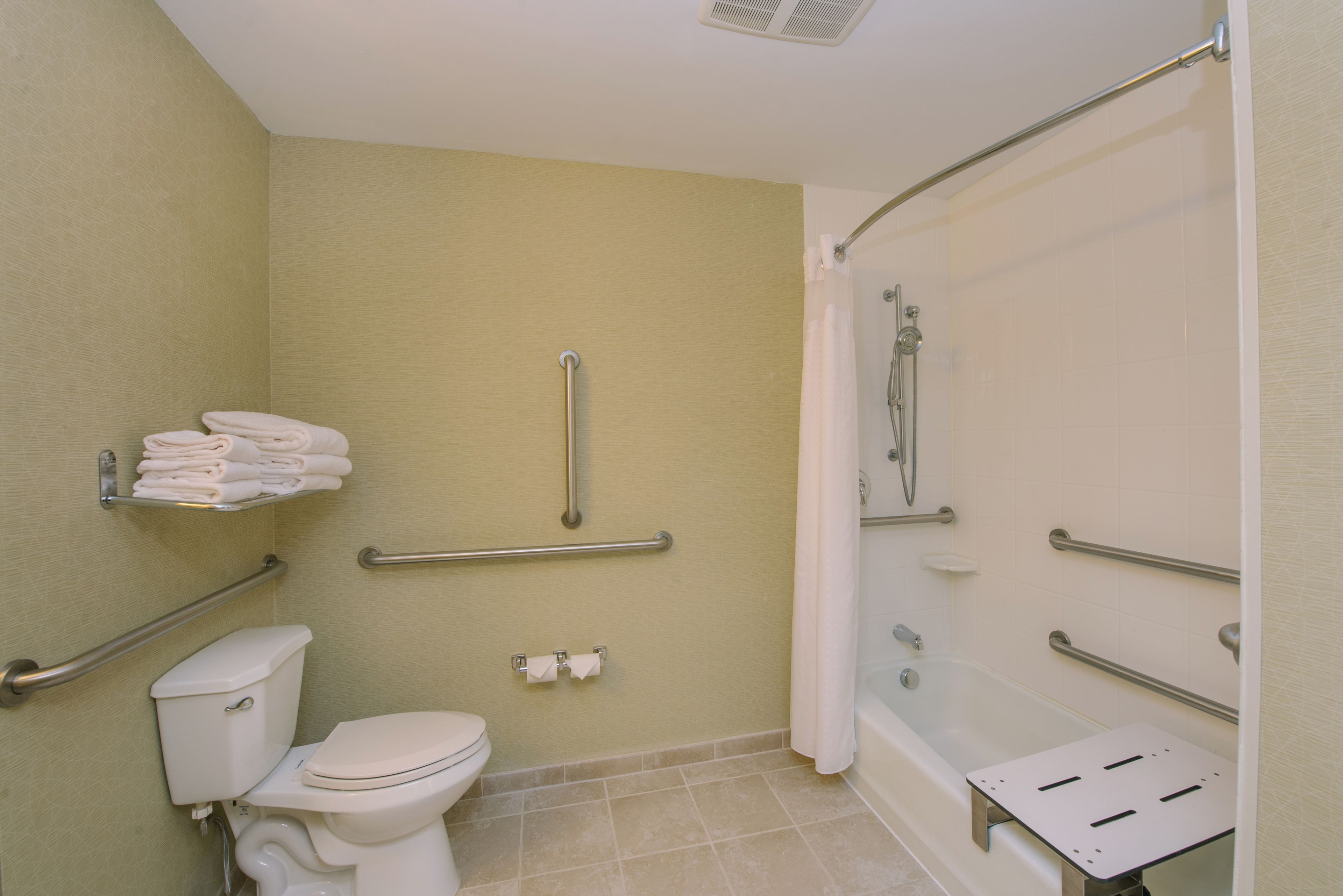 Een badkamer met toilet, een douche met handgrepen en een handdoekhouder.