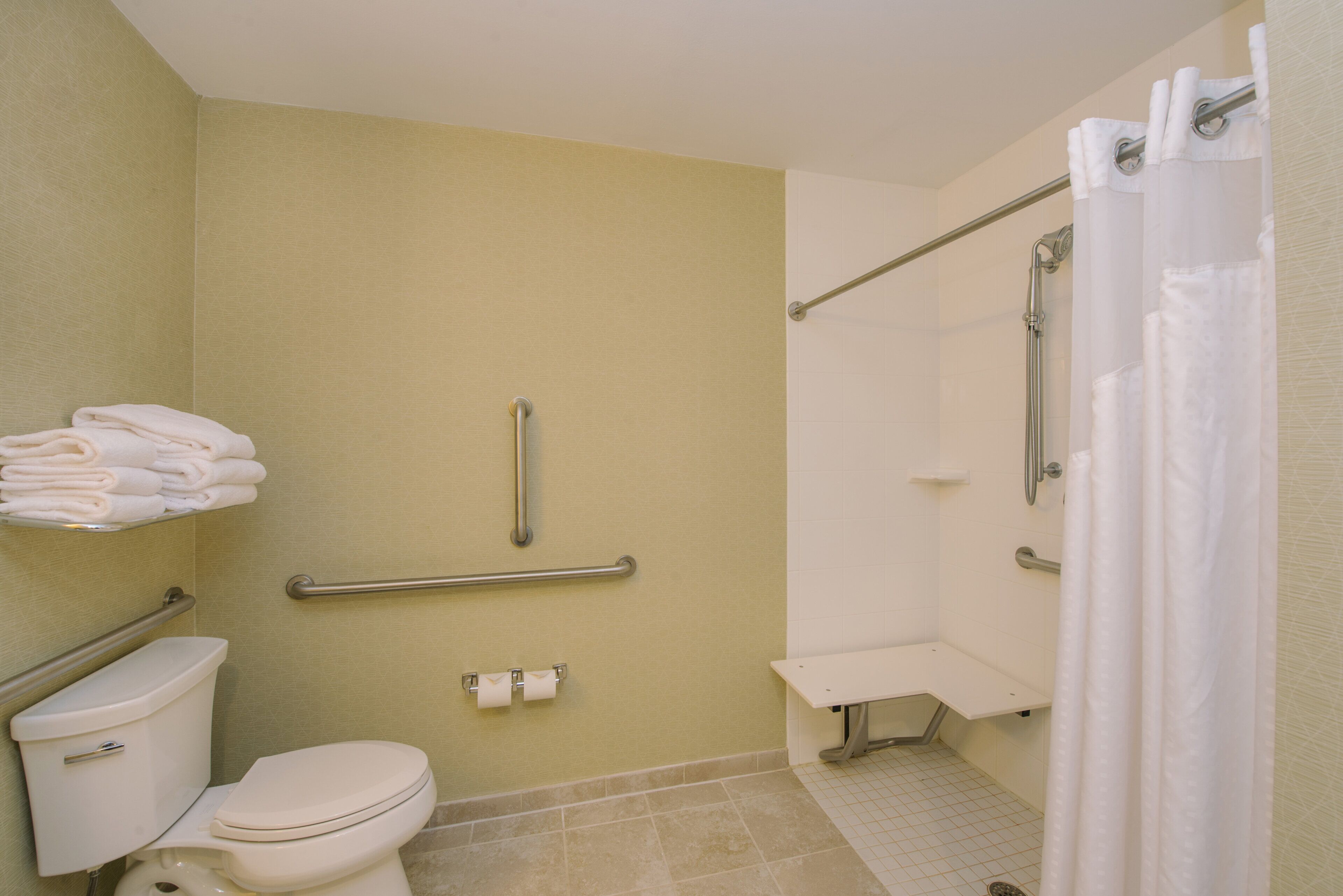 A bathroom with a toilet, a handrail, a shower area, and a towel rack.