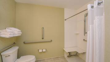 A bathroom with a toilet, a handrail, a shower area, and a towel rack.
