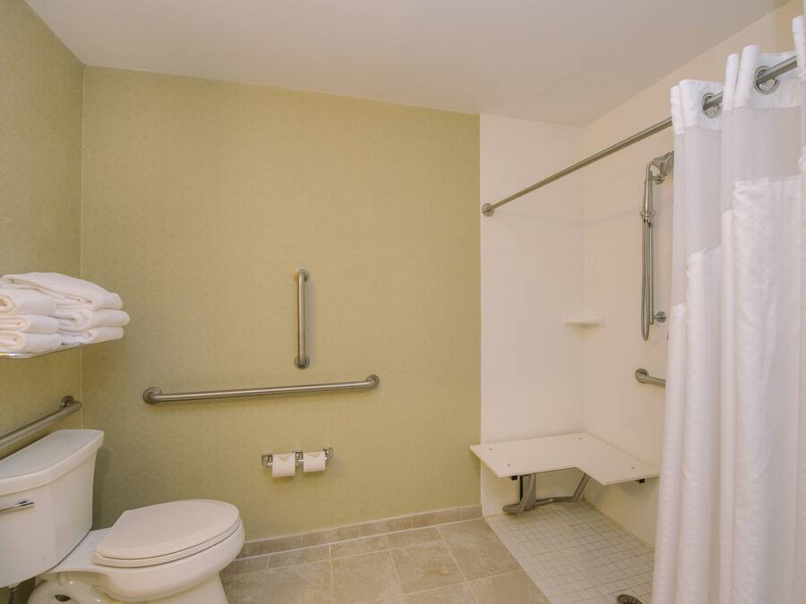 A bathroom with a toilet, a handrail, a shower area, and a towel rack.