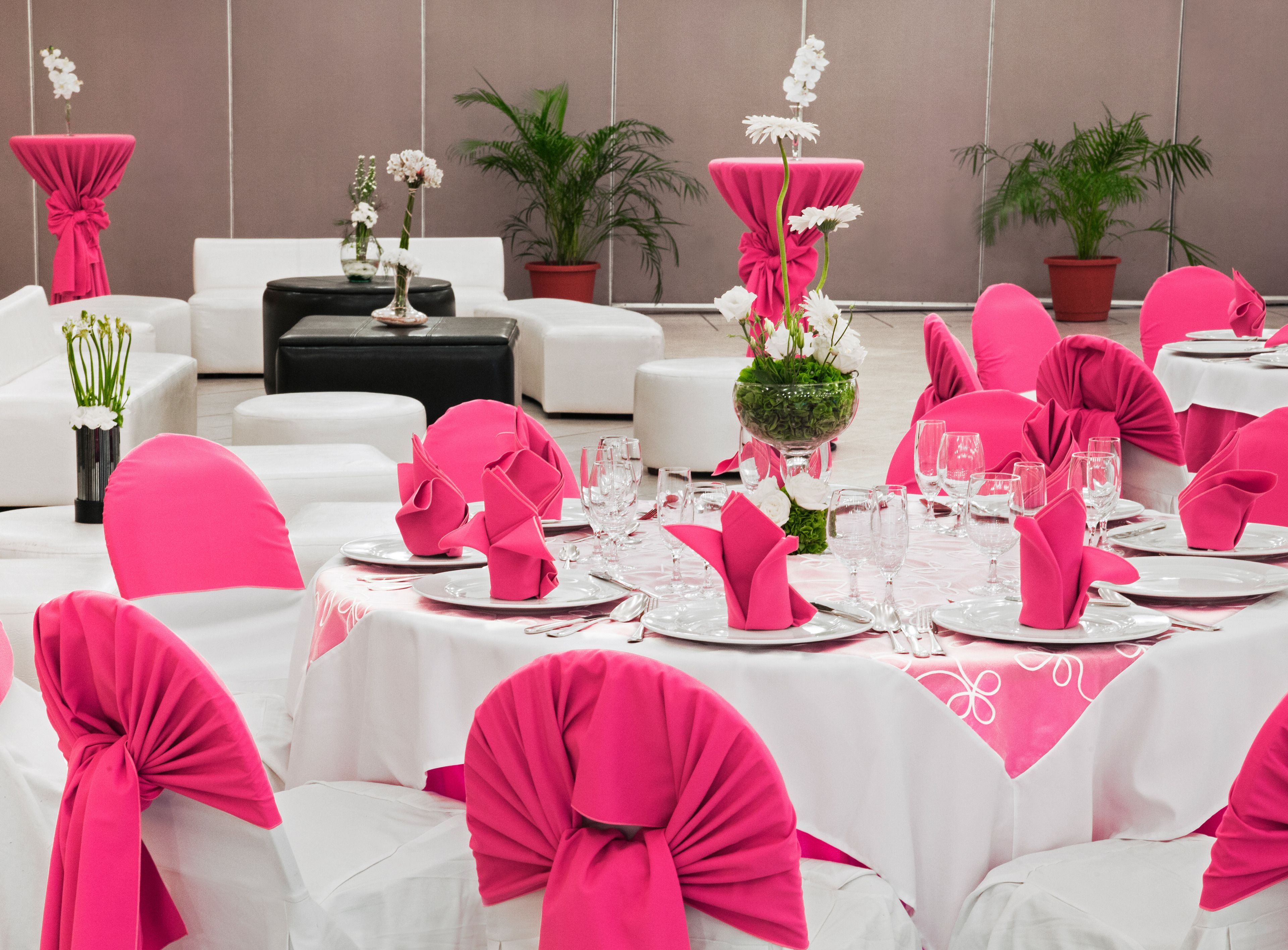 Un salón de banquetes con mesas redondas dispuestas para el servicio de comidas, sillas blancas con cintas rosas y plantas en macetas.