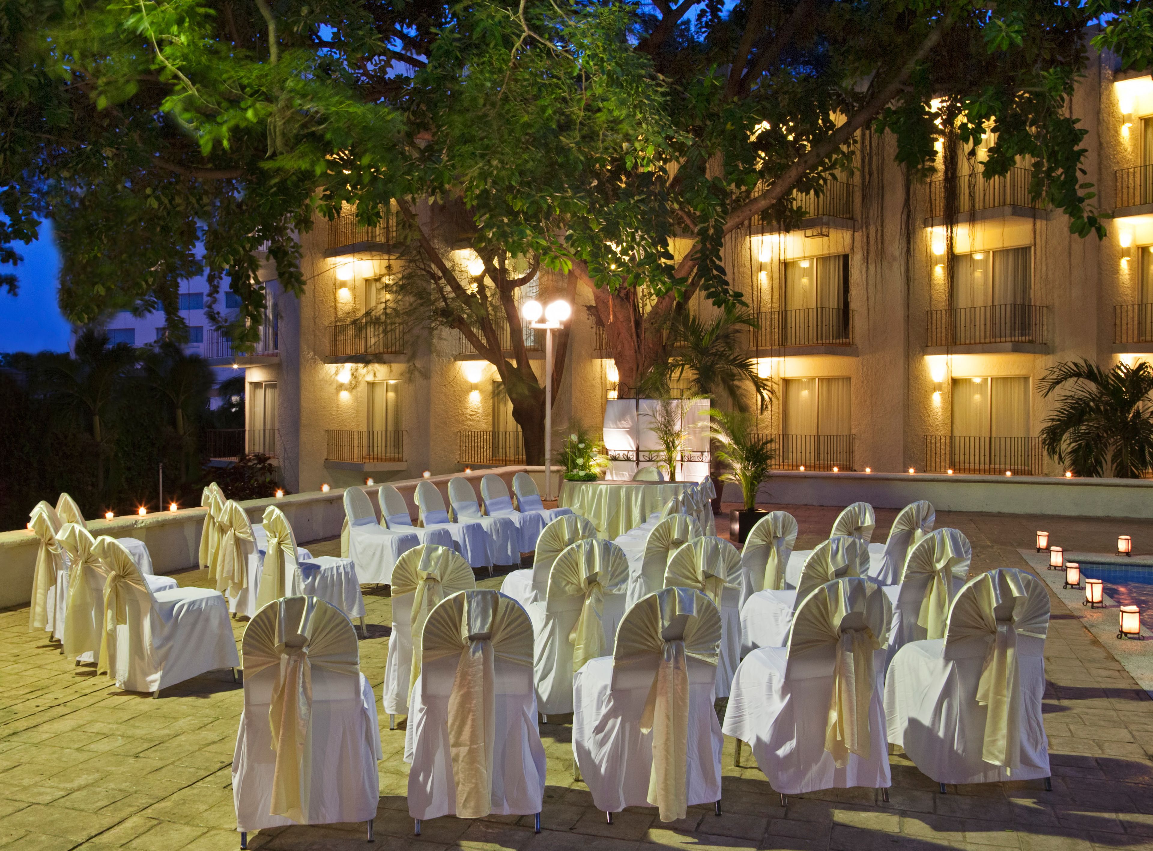 An outdoor seating area with rows of tables and chairs, a large tree, and a building with balconies and lights in the background.