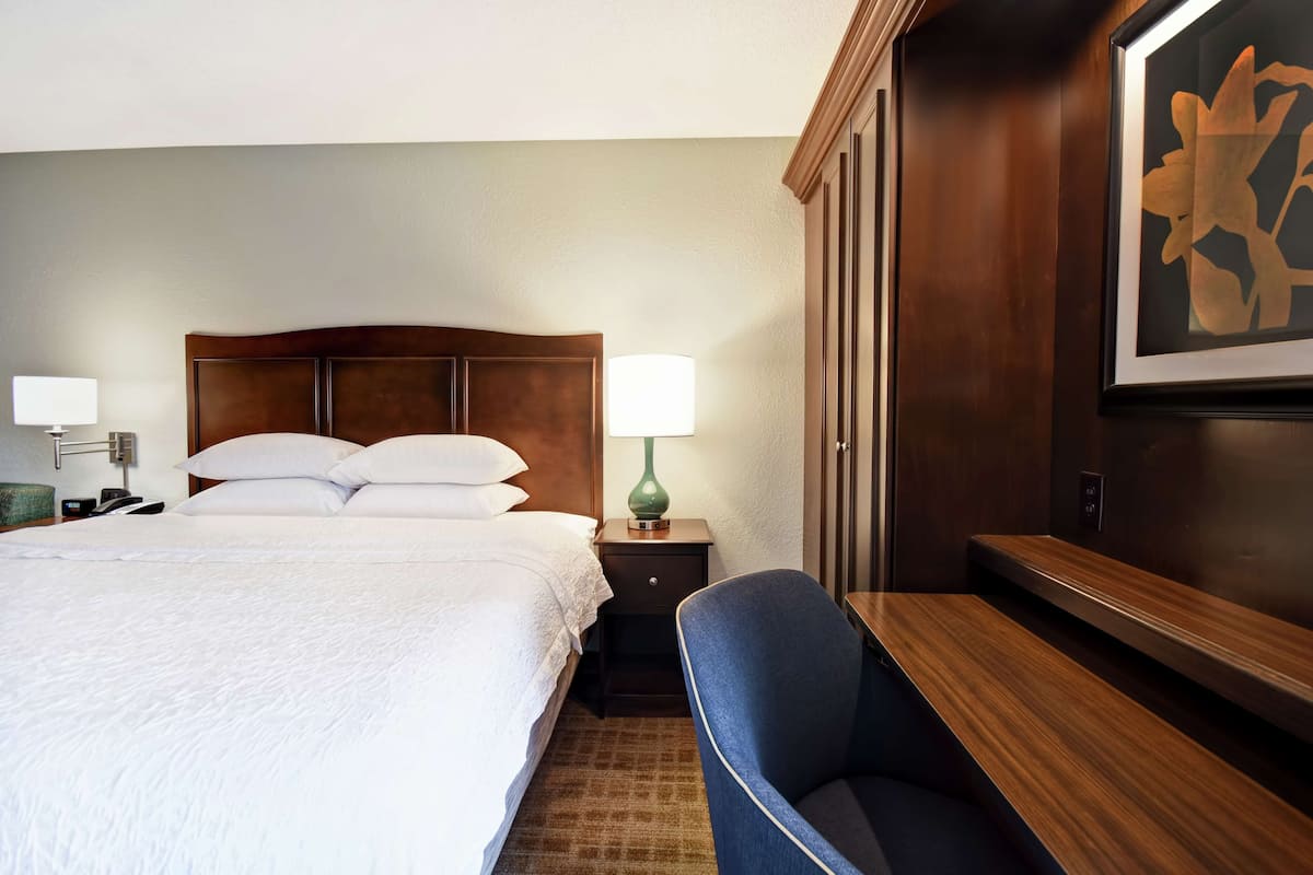 Habitación de hotel con una cama grande, una mesita de noche con lámpara, un escritorio de madera y una obra de arte enmarcada en la pared.