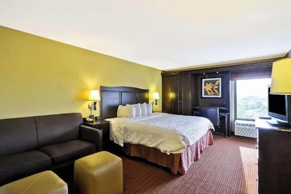 Habitación de hotel con cama, sofá, escritorio y televisión.