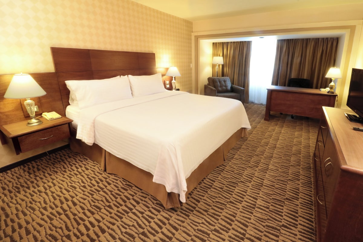 A hotel room with a large bed, two bedside tables with lamps, a desk with a chair, and a television.