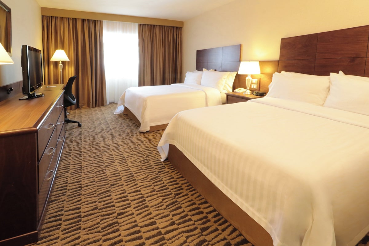 A hotel room with two beds, a desk with a television, and a carpeted floor.
