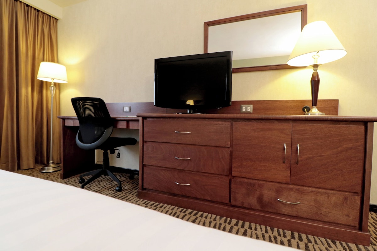 A hotel room with a bed, a desk with a chair, a television, a wardrobe, and two lamps.