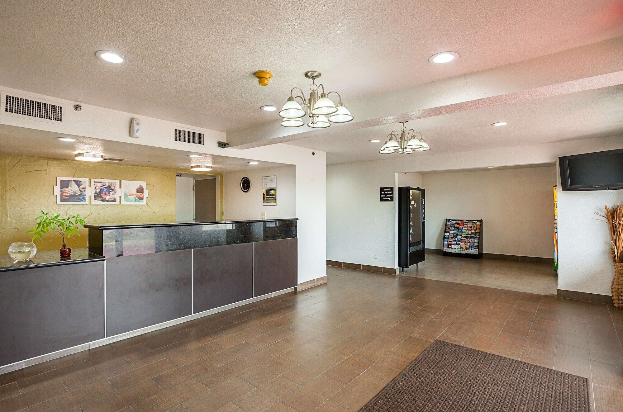 A reception area with a counter, a plant, and a bulletin board.