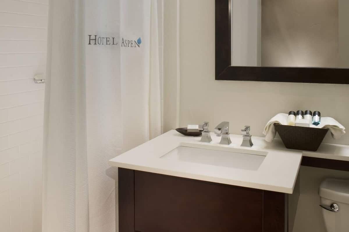 combined shower/bathtub, designer toiletries, hair dryer, bathrobes