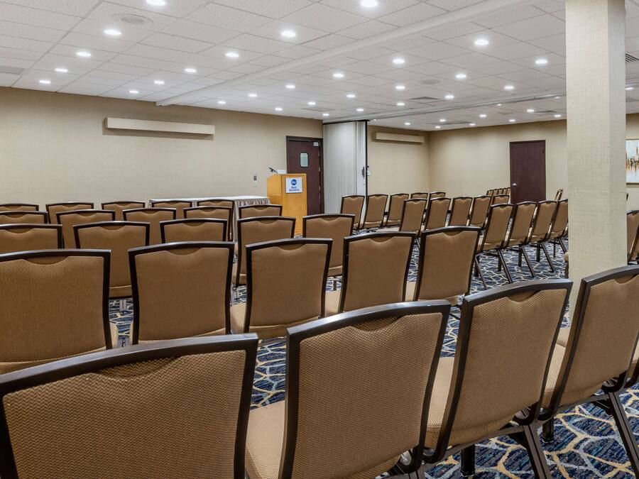 Un salón de conferencias con filas de sillas, un atril y suelo alfombrado.
