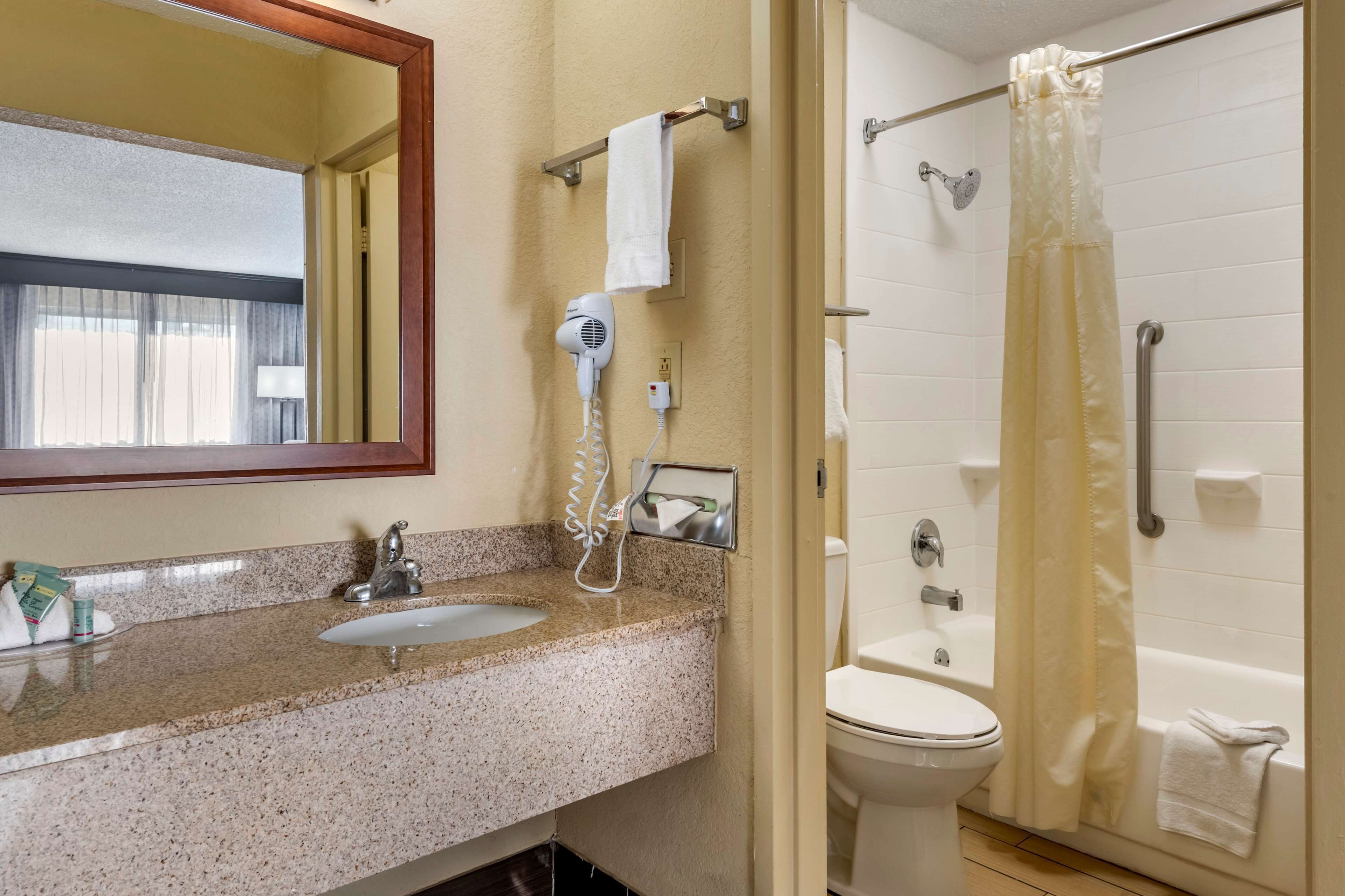 combined shower/bathtub, free toiletries, hair dryer, towels