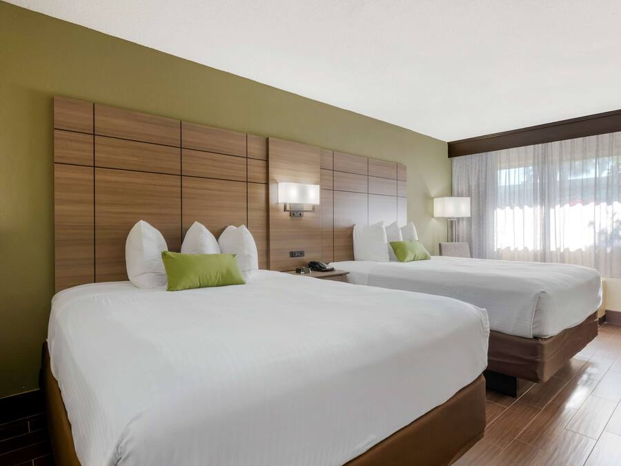 Habitación de hotel con dos camas, cabecero de madera, mesita de noche con lámpara y ventana con cortinas.