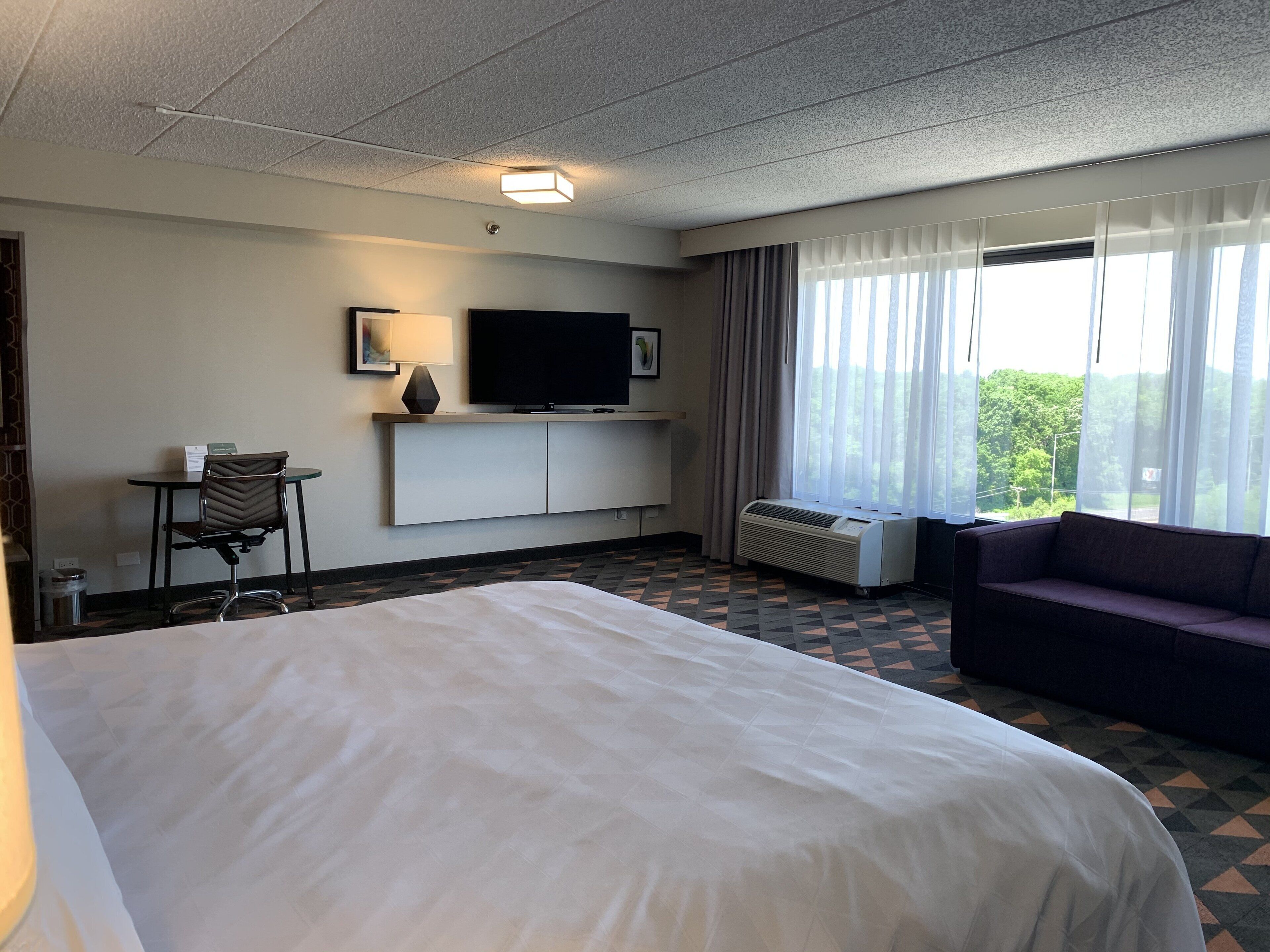 Habitación de hotel con una cama grande, un televisor montado en la pared, un escritorio con silla, un sofá y una ventana con cortinas.