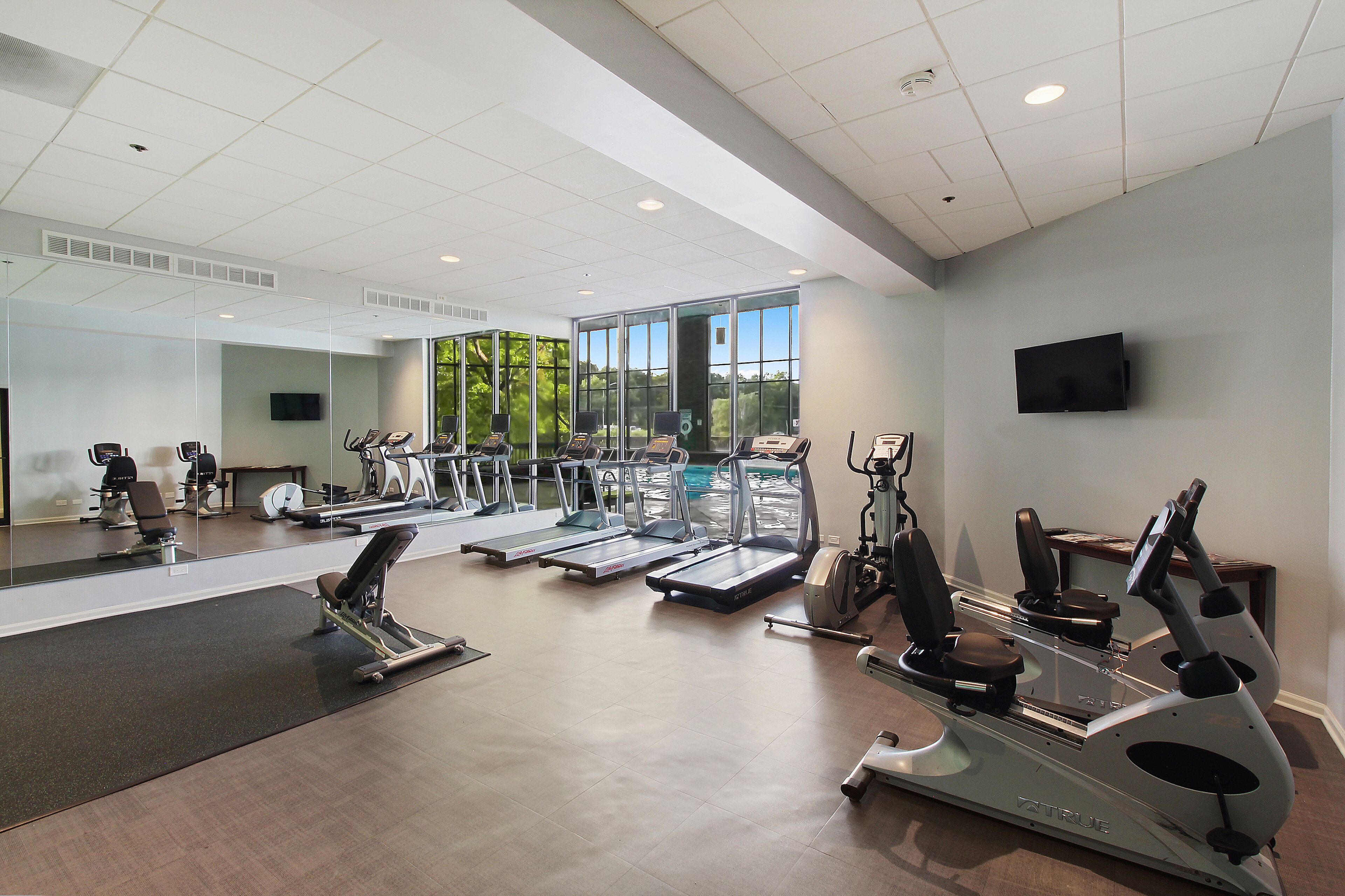 Ein Fitnessstudio mit Cardiogeräten, Spiegeln und einem großen Fenster.